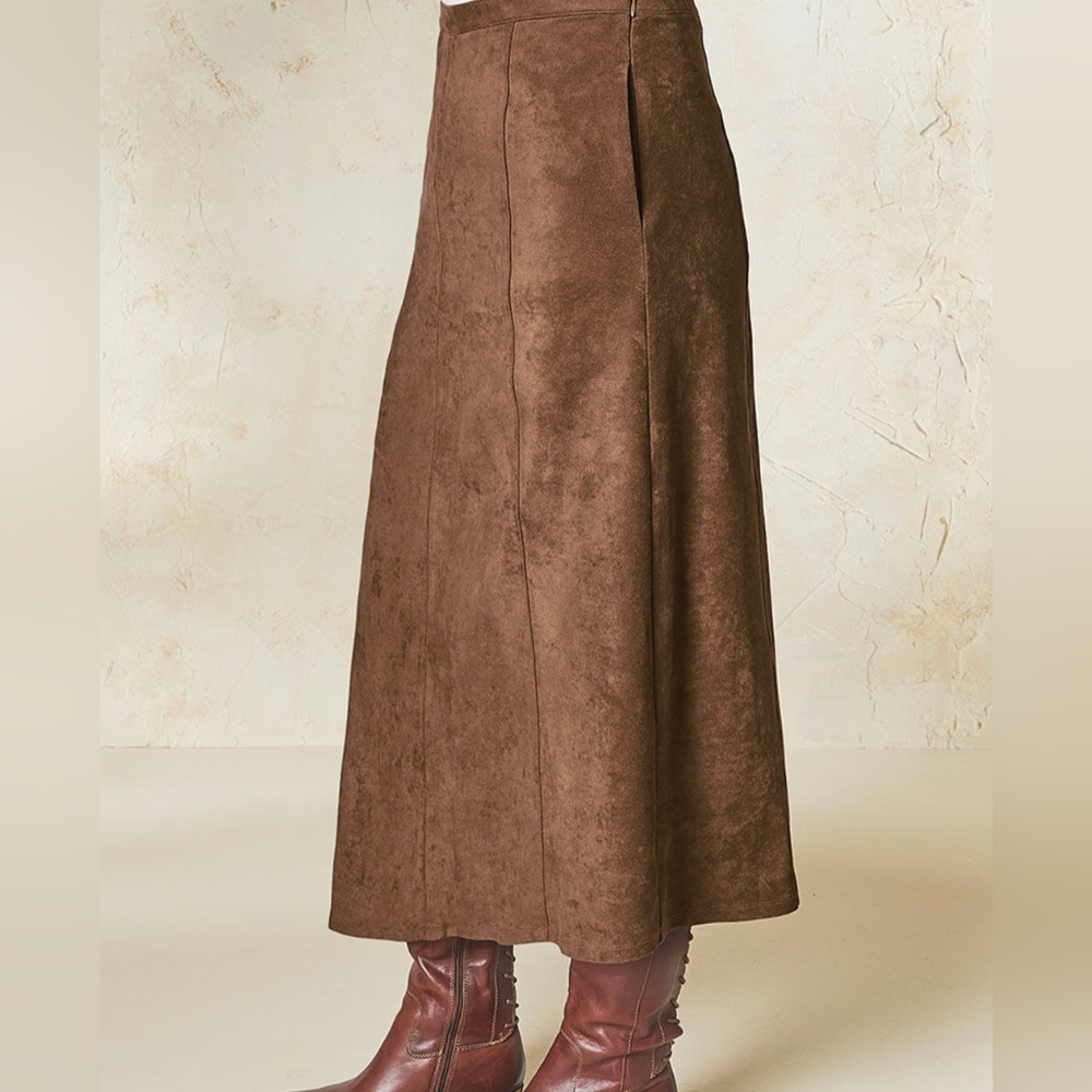 Coldwater Creek Vintage Light Tan Faux Suede Western Maxi Skirt Elastic Waist